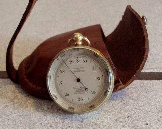 Antique English Brass Pocket Short & Mason Barometer Altimeter + Leather Case photo