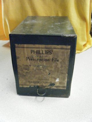 Antique Phillip ' S Prescription File Tin Box W/ Label photo