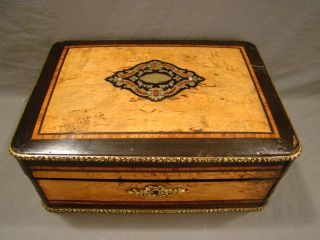 19thc Antique French Victorian Marquetry & Brass Inlay Wood Dresser Jewelry Box photo