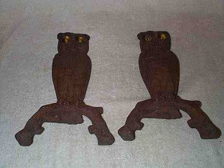 Vintage Cast Iron Owl Fireplace Andirons With Glass Marble Eyes photo