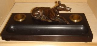 Antique Bronze Slate Figural Dog Statue Inkwell Desk Set Stand photo
