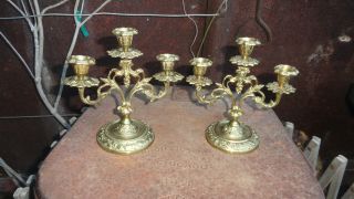 Pair Of Antique Ornate Solid Brass Candelabra Candle Holders 3 Arm photo