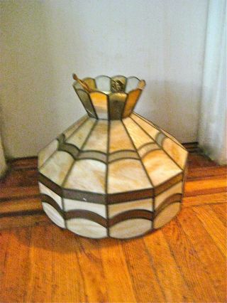 Retro Chic Mid - Century Stained Glass And Brass Tiffany - Style Hanging Lamp photo