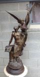 Antique Spelter Winged Statue With Marble Pedestal Metalware photo 1