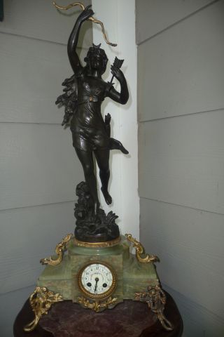 Antique Late 19thc French Art Nouveau Alabaster Clock W/ Bronzed Spelter Topper photo