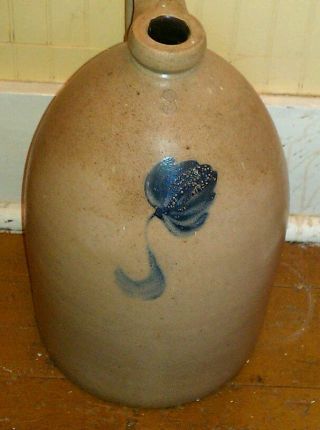 Salt Glazed Stoneware 3 - Gal.  Jug W/ Cobalt Blue Flower photo