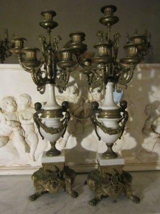 Pr Antique Bronze/marble Victorian Candelabras Garniture For Mantel Clock 7 Lgt photo