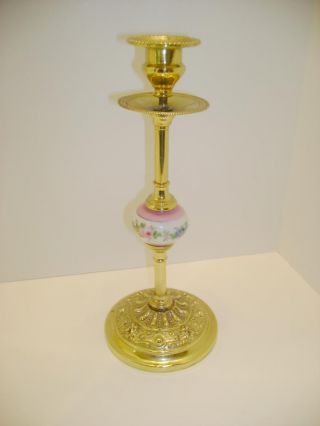Unusual Antique Brass & Hand Painted Porcelain Fancy Candlestick photo
