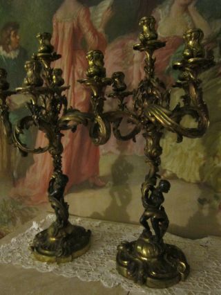 Pr Very Fine 19th Antique French Dore Bronze Victorian Figural Putti Candelabras photo