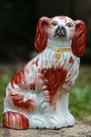19th C.  Staffordshire Seated Brown & White Hearth Dog photo