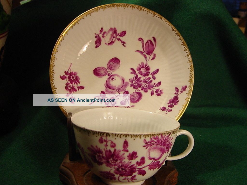 Meissen Cup & Saucer,  Fluted Sides,  18thc,  Purple Flowers 1700s Antique Puce Cups & Saucers photo