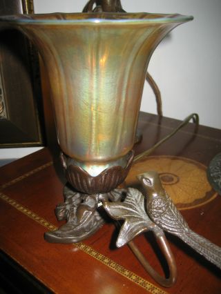 Antique Iridescent Favrile Glass Shade - Quezal/steuben? W/ Cast Iron Bird Lamp. photo