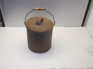 Antique Galvanized Metal Bucket With Wooden Handle And Top Old Decor photo