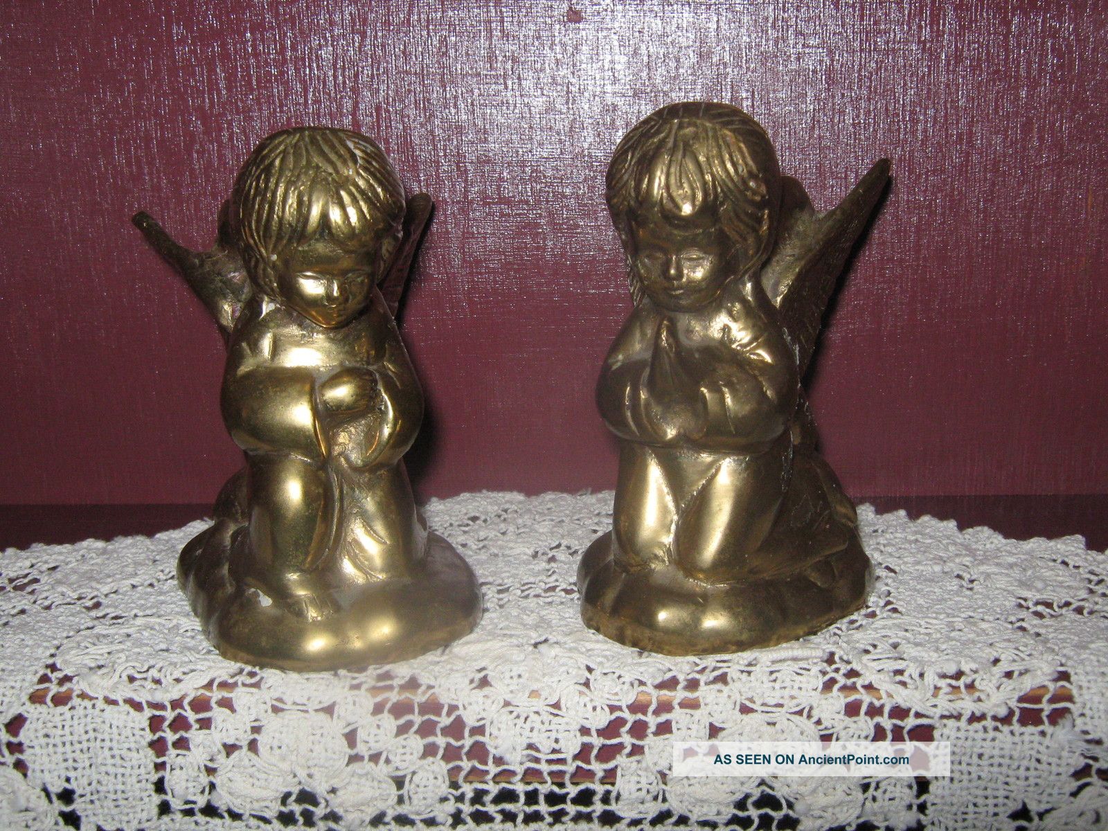 Pair Antique Turn Of The Century Brass Praying Angel Christmas Candle Holders Metalware photo