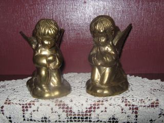 Pair Antique Turn Of The Century Brass Praying Angel Christmas Candle Holders photo