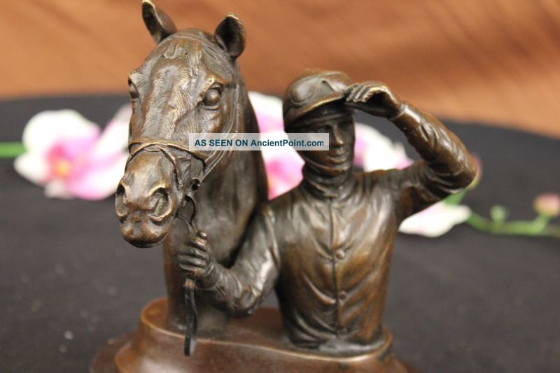 Wonderful Pure Bronze Horse And Jockey Racehorse Statue Sculpture On Marble Base Metalware photo