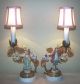 French Porcelain Figures & Flowers Gilt Bronze & Tole Boudoir Lamps Pair Lamps photo 1