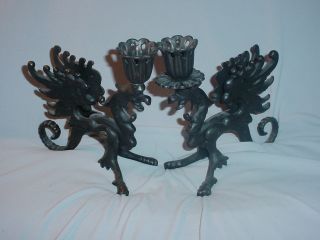 Vintage Gothic Black Iron Griffin Candle Holders Pair Halloween photo