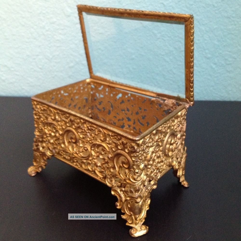 Antique Rococo C.  1900 Gold Gilt Metal Jewelry Box Beveled Glass Royal Mfg Co Metalware photo