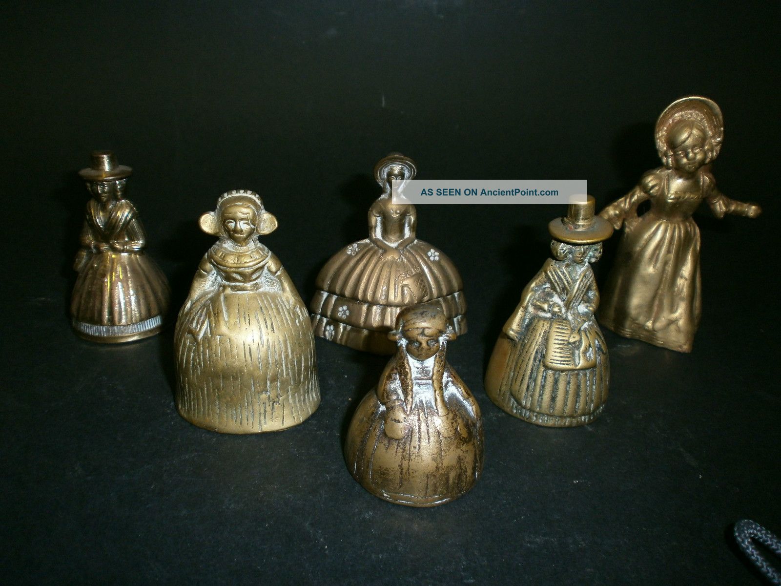 A Group Of Six Victorian Style Brass Crinoline Lady Table Bells Metalware photo