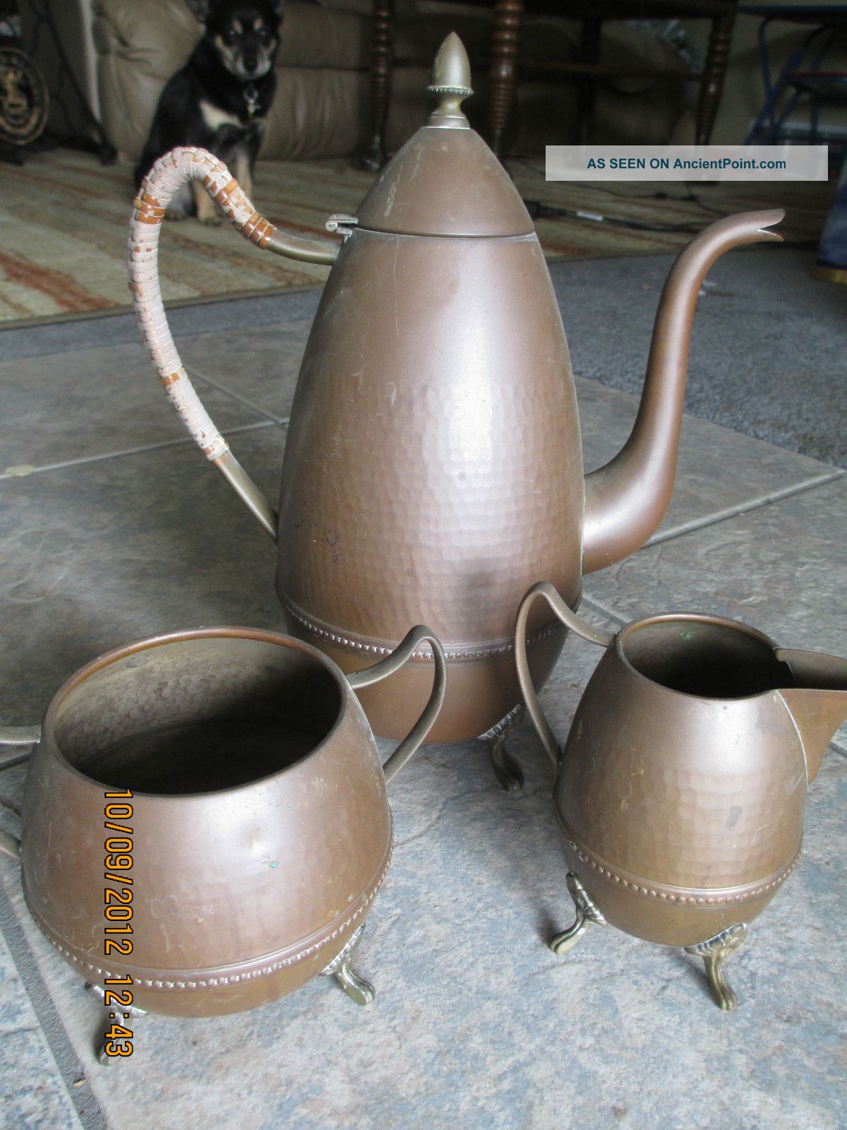 @@antique Copper Tea Coffee Pot Cream Sugar Hammered Ornate Set Kettle Brass Metalware photo