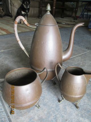 @@antique Copper Tea Coffee Pot Cream Sugar Hammered Ornate Set Kettle Brass photo