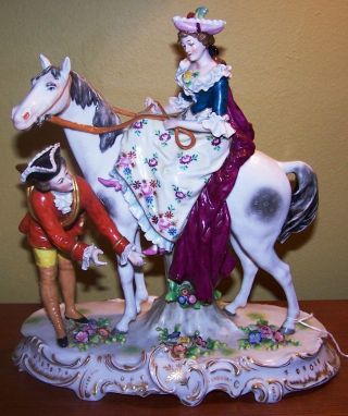 Rare Antique German Porcelain Dresden Figurine Mint Condition Lady On Horse photo