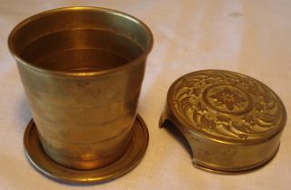 Antique 1897 Brass Collapsible Folding Pocket Travel Cup W Embossed Floral Lid photo