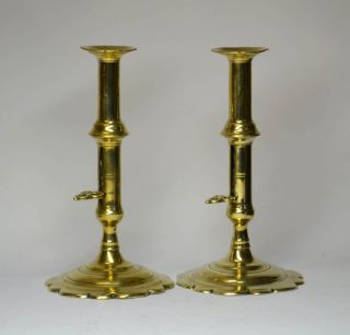Pair Of 18th Century Brass Petal Based Candlesticks,  Trefoil Push - Ups photo