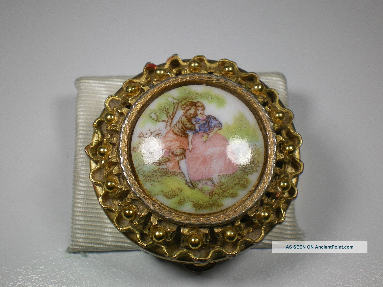 Antique Porcelain Top 3 - Section Divided Pill Box Gilded Metal Romantic Scene Metalware photo