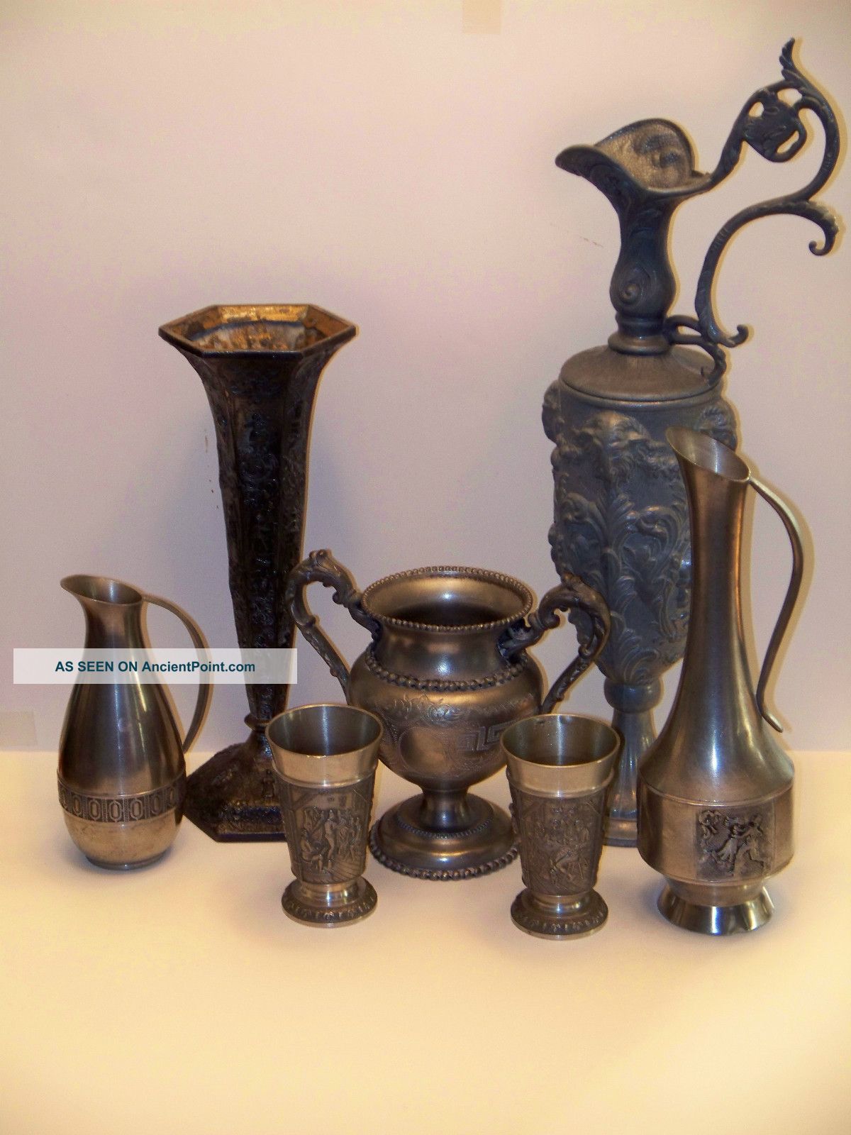 (6) Antique Pewter Pieces Vase,  Pitcher,  Goblets Metalware photo