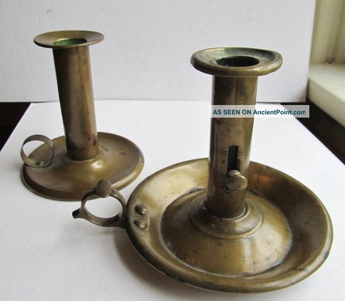 2 Early 1800 ' S Primitive Brass Push - Up Chambersticks  Metalware photo