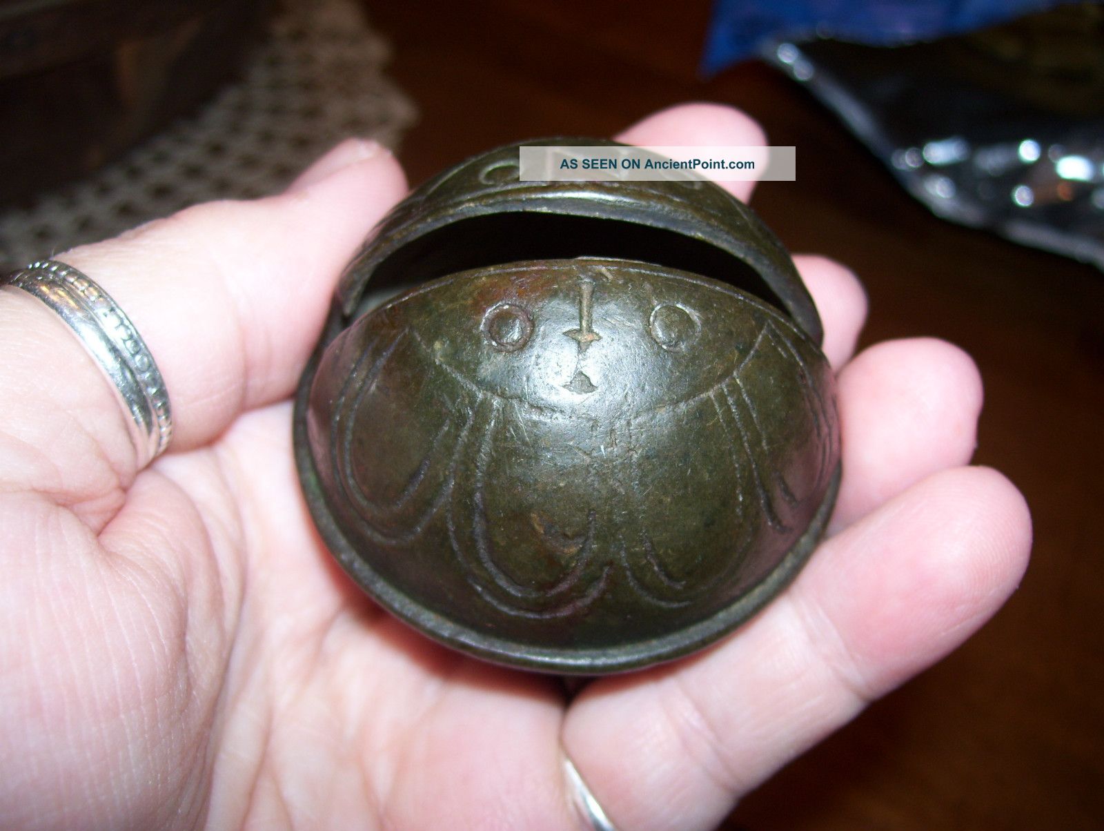 Huge Antique Brass Sleigh Bell,  Petal Design,  Signed On Top: 