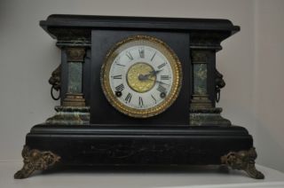 Antique E.  Ingraham Mantle Clock Lions Head Black & Marble Facade photo