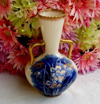 Antique Adderley Porcelain Flow Blue Vase ~ Gold Gilt photo