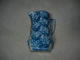 Antique Spongeware Blue And White Salt Glazed Stoneware Pitcher photo