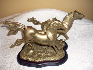 Vintage 3 Running Brass Horses On Brass And Wood Stand Shows Some Patina photo