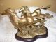 Vintage 3 Running Brass Horses On Brass And Wood Stand Shows Some Patina Metalware photo 1