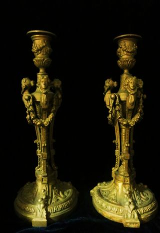 Pair Antique Ornate Bronze Figural Candle Holders Candlesticks - Neoclassical? photo