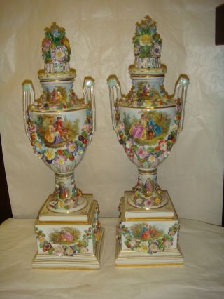 Antique Pair Of Meissen Style Flower Encrusted Porcelain Vases photo