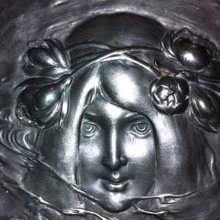 Pewter Platter Dragonfly Handles And Maiden Flowers In Hair.  11in X 8in photo