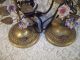 Vintage Made In France Pair Lamp Brass Metal Porcelain Flowers Wire Vine Lamps photo 2