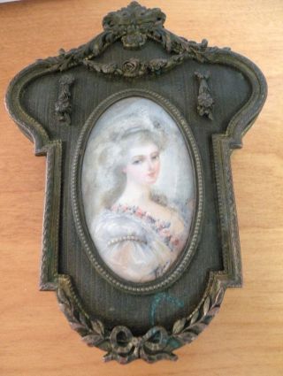 19th C French Bronze Jewelry Casket Box Painted Miniature Portrait Ox Bone photo