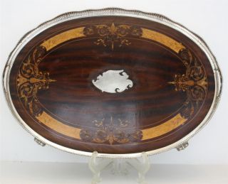 Antique English Fruitwood Inlay Serving Tray W/ Silver Plate Gallery & Handles photo