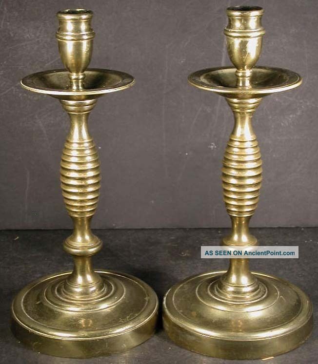 Pair Antique English Bee Hive Beehive Saucer Base Candlesticks Candle Sticks 11 
