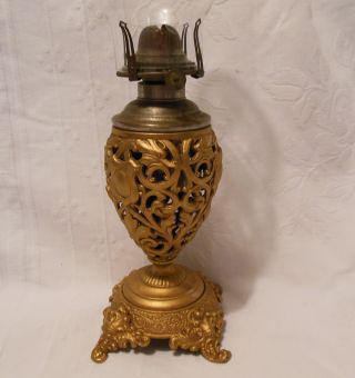 Antique Rochester Style Miniature Banquet Oil Kerosene Lamp Metal Font,  Chimney photo