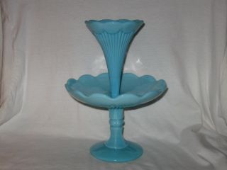 Rare Vallerysthal Pv Blue Milk Glass Ribs & Scallops 1 Horn Epergne Flower Vase photo