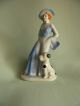 Art Deco Girl With Dog Figurine - Blue Tones - Large Hat And Dog 6 - 1/2 
