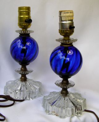 Matched Pair Vtg Cobalt Blue Lightening Rod Ball & Pattern Glass Bedroom Lamps photo