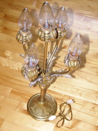 Antique Solid Brass Electrical Lamp 5 Candle Type Bulbs Rare Beauty 1920 - 1930 photo